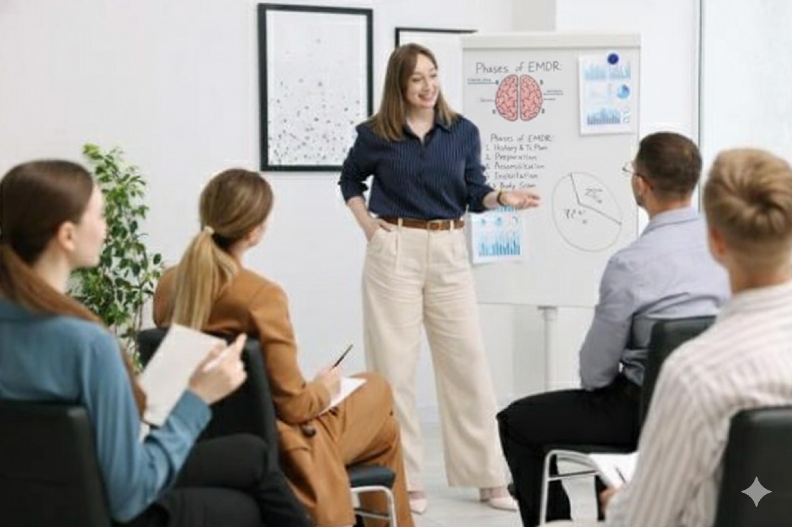 Amber Lopez presenting the phases of EMDR on a whiteboard during a professional training