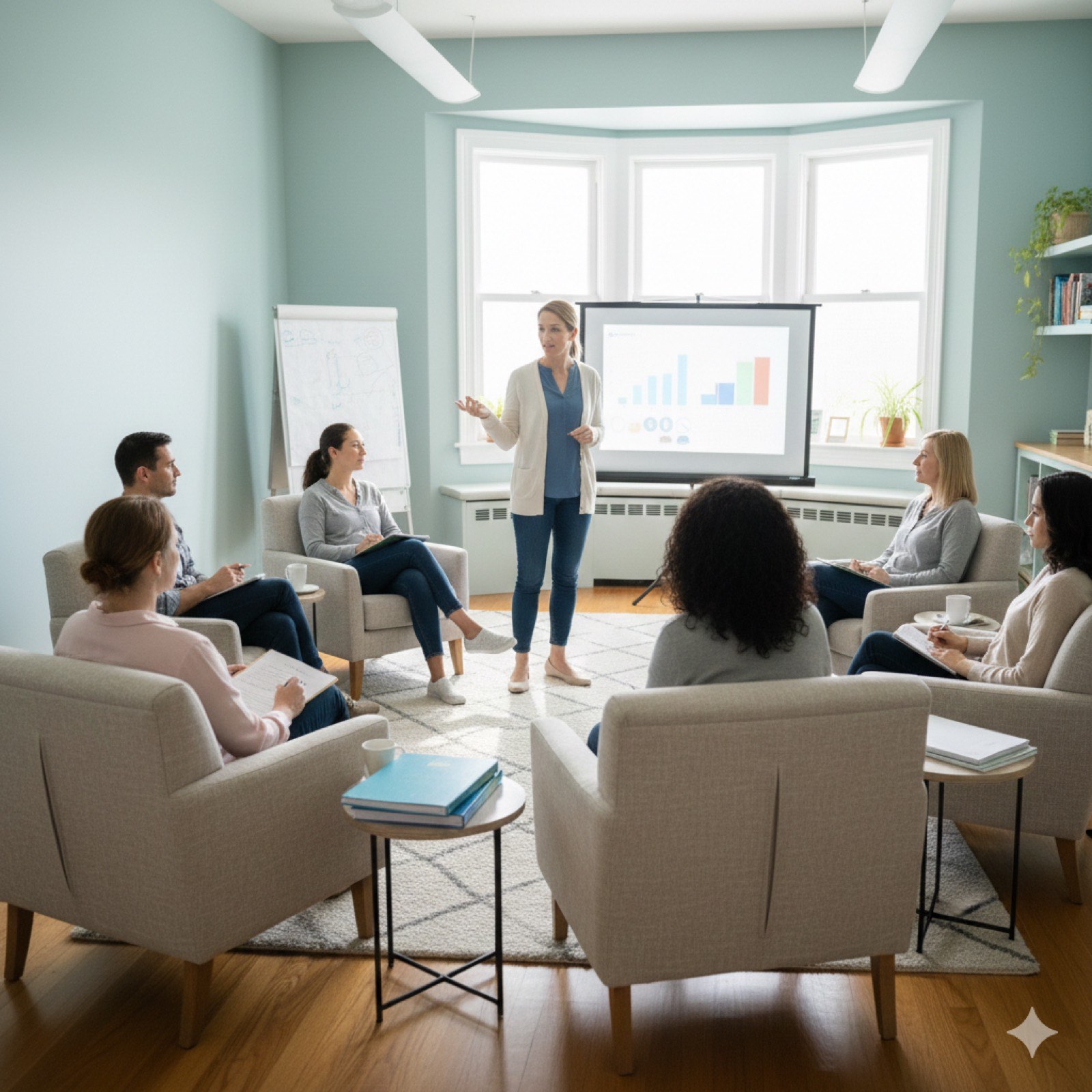 A group training session in a bright, welcoming room