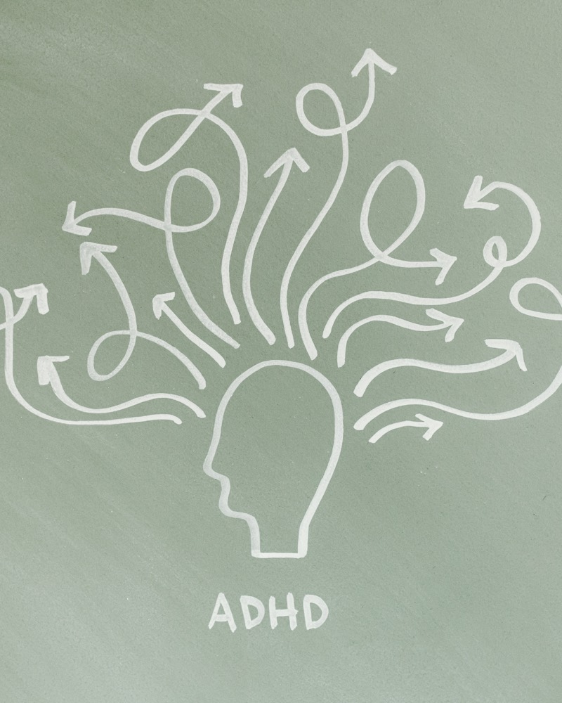 Hand-drawn illustration of a head with arrows representing scattered ADHD thought patterns